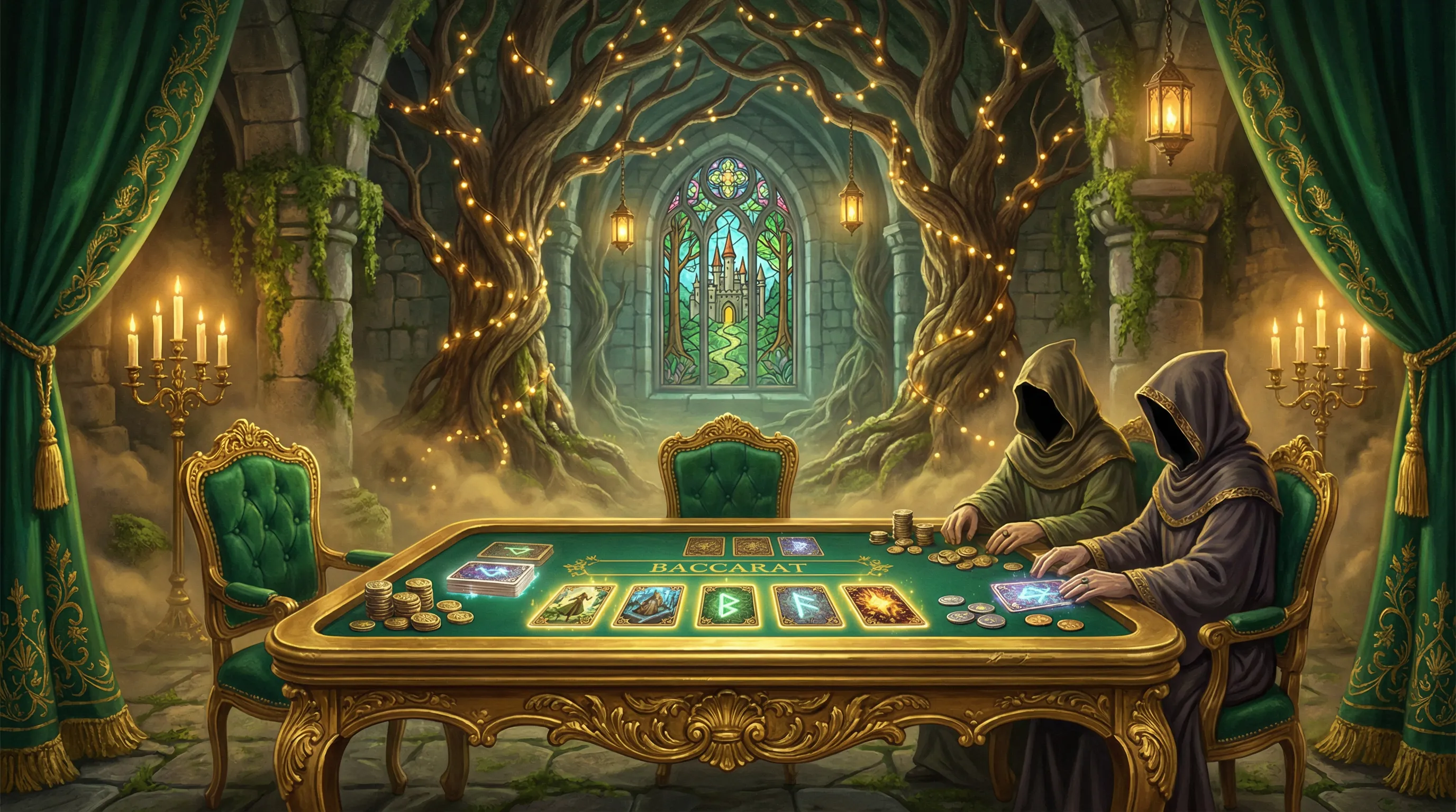 Mesa de bacará elegante com cartas douradas no Soccerbet