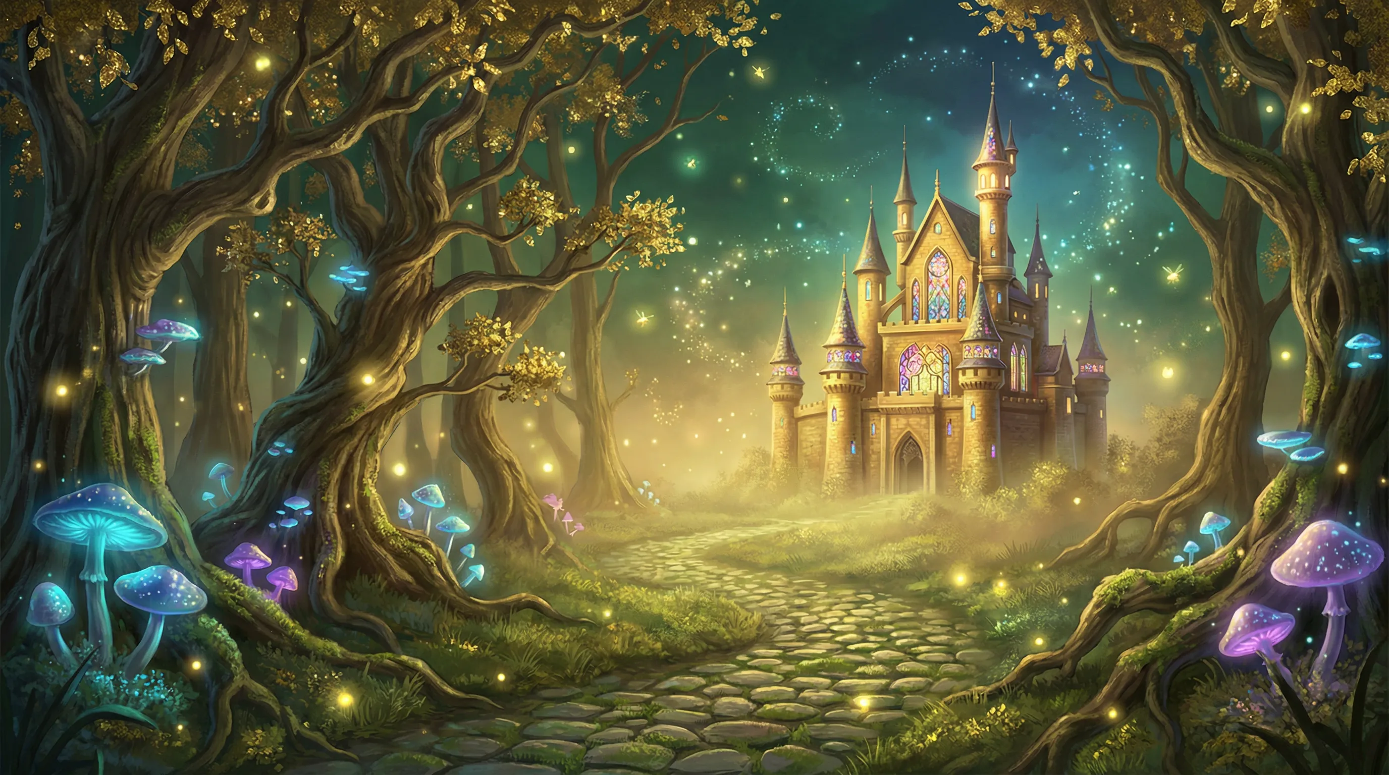 Floresta encantada do cassino Soccerbet com castelo dourado